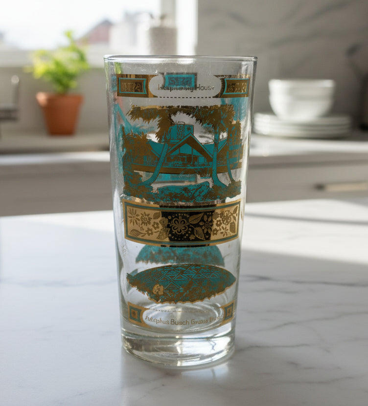 Vintage MCM Busch Gardens Souvenir Glass Turquoise Gold Bird Tampa FL 5 5/8" Tall