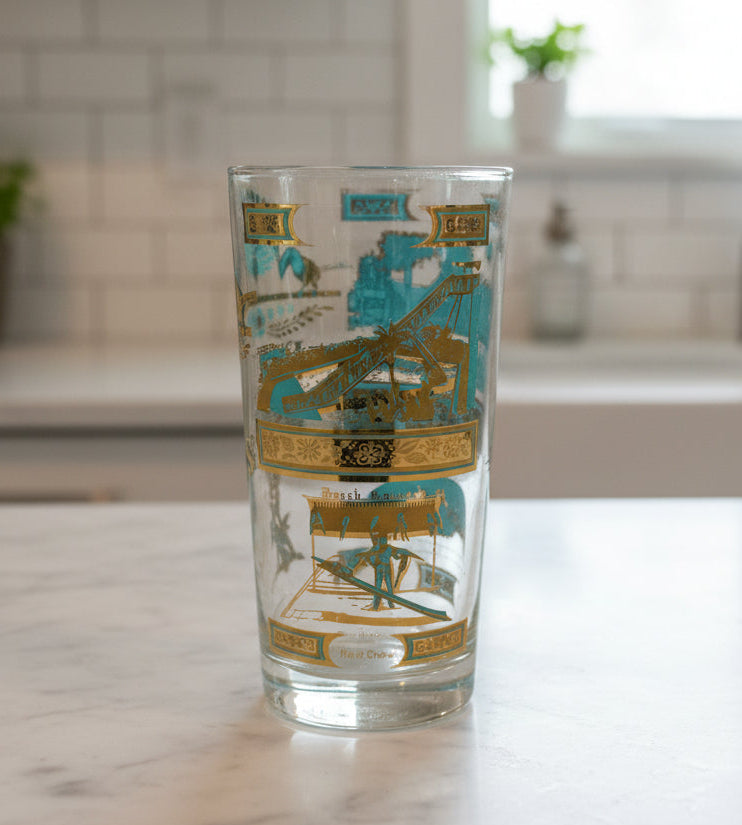 Vintage MCM Busch Gardens Souvenir Glass Turquoise Gold Bird Tampa FL 5 5/8" Tall