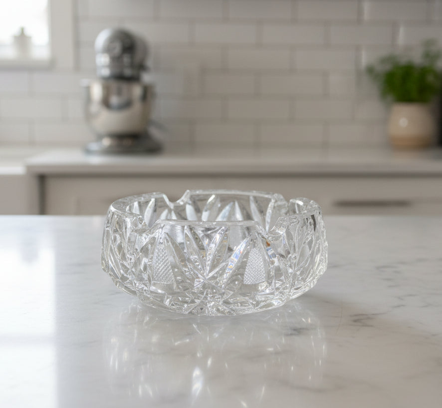 Vintage Clear Cut Crystal Glass Dish Ashtray 5" Across 2" Tall Round
