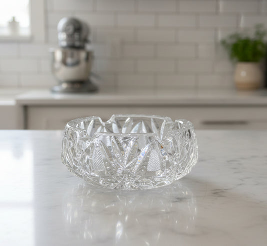 Vintage Clear Cut Crystal Glass Dish Ashtray 5" Across 2" Tall Round