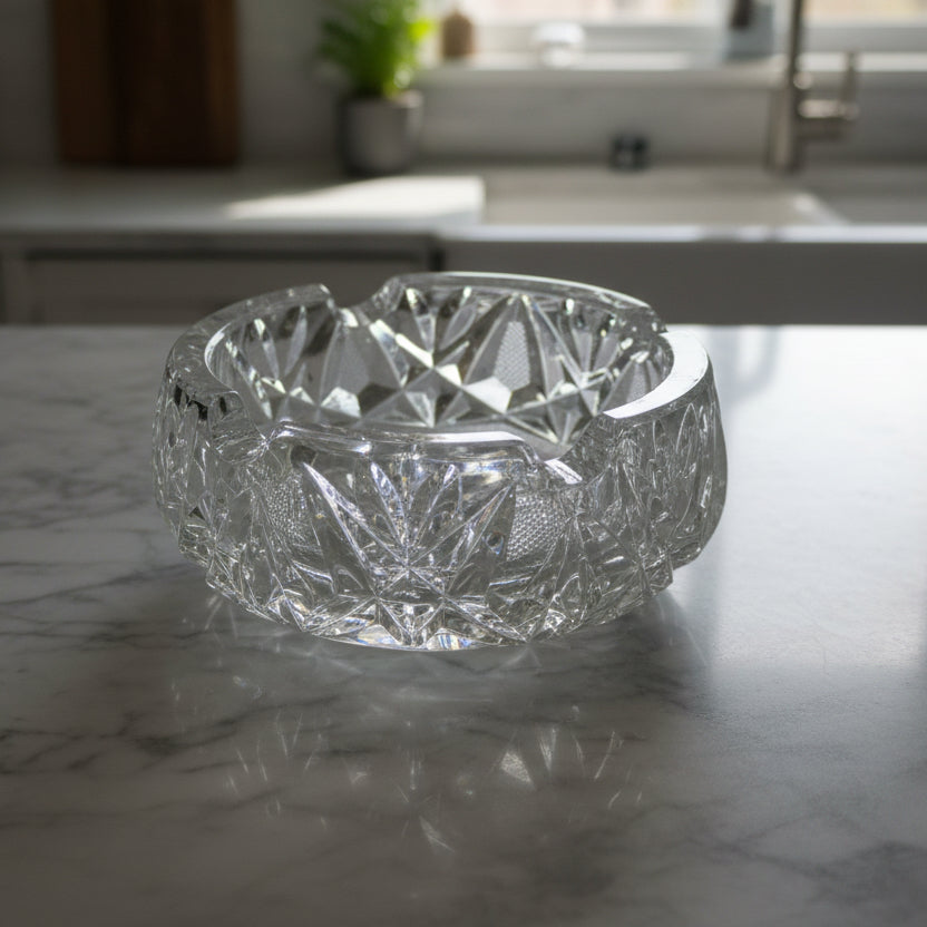 Vintage Clear Cut Crystal Glass Dish Ashtray 5" Across 2" Tall Round