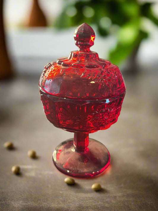 Panel Grape Ruby by Wright Glass L G Jam/Jelly Container With Lid Footed 6 7/8" Tall Glows