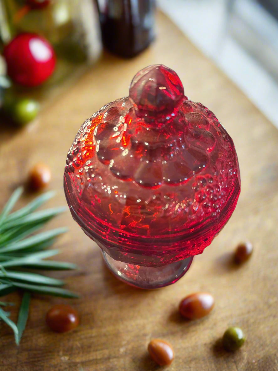 Panel Grape Ruby by Wright Glass L G Jam/Jelly Container With Lid Footed 6 7/8" Tall Glows