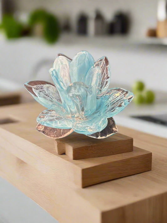 Blue Flower Colored Art Glass Handblown Candle Holder 3.25" Tall