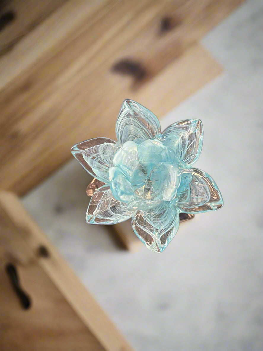 Blue Flower Colored Art Glass Handblown Candle Holder 3.25" Tall