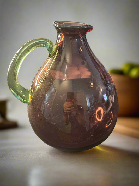 Art Glass Purple Amethyst Hand Blown Bulb Pitcher Applied Green Handle 9.5" Tall