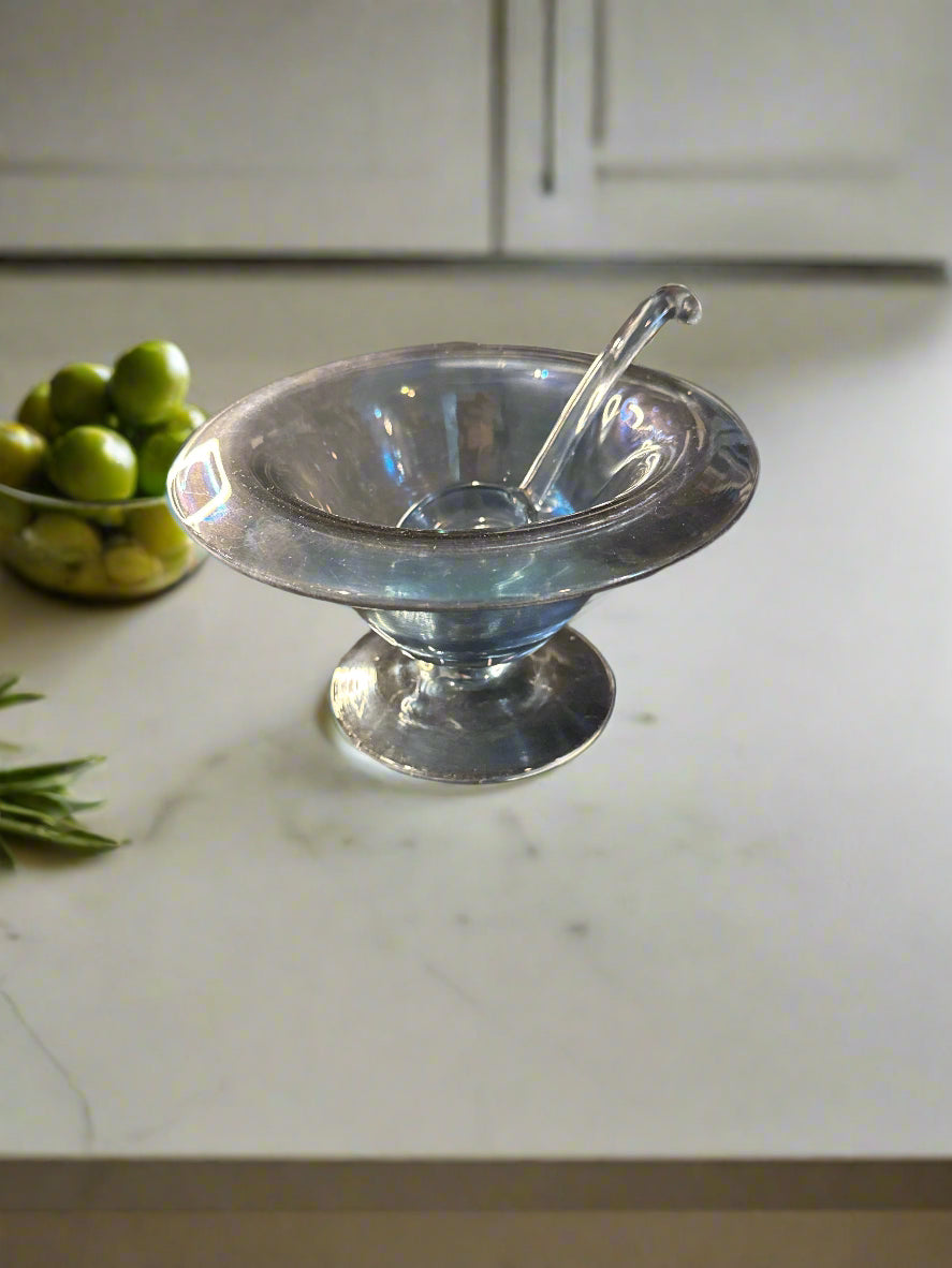 Pedestal Bowl Iridescent Celeste Blue Stretch Glass Condiment Bowl with Glass Spoon