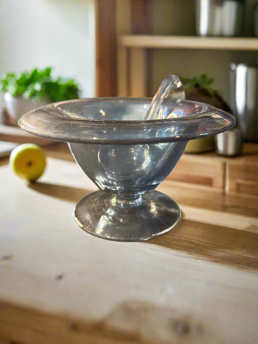 Pedestal Bowl Iridescent Celeste Blue Stretch Glass Condiment Bowl with Glass Spoon