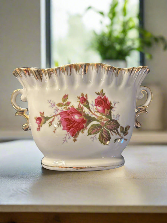 Vintage Tilso Japan Porcelain Moss Rose Vase w/ Handpainted Gold Trim 4.5" Tall x 7" Wide
