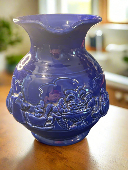 Unique Vintage "The Cellar" Deep Cobalt Blue Pitcher - 3D Picture Design on Front 7.5" Tall