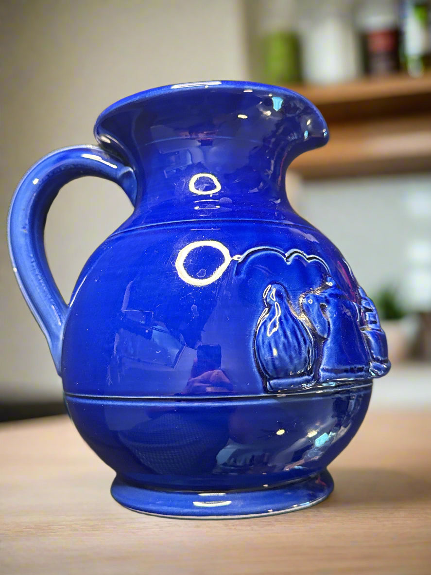 Unique Vintage "The Cellar" Deep Cobalt Blue Pitcher - 3D Picture Design on Front 7.5" Tall