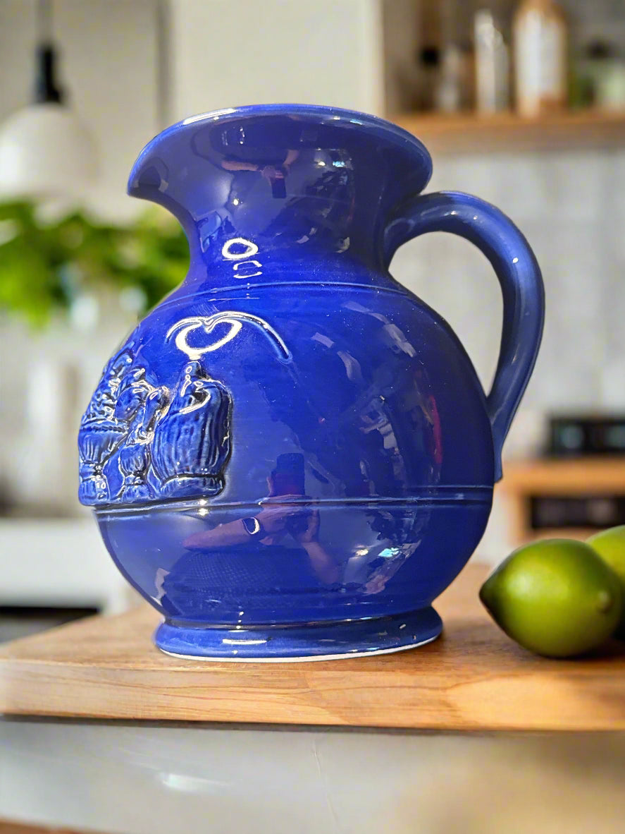 Unique Vintage "The Cellar" Deep Cobalt Blue Pitcher - 3D Picture Design on Front 7.5" Tall