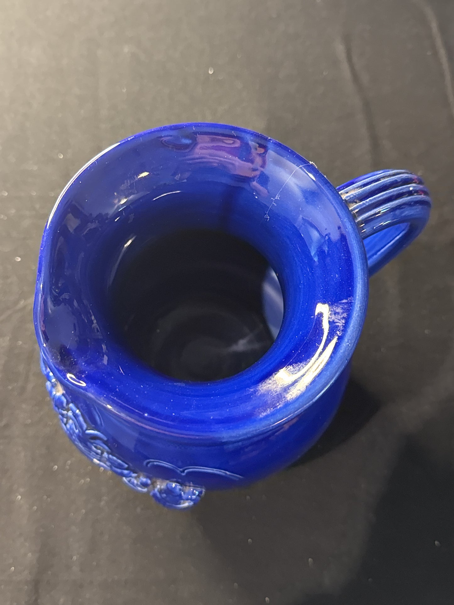 Unique Vintage "The Cellar" Deep Cobalt Blue Pitcher - 3D Picture Design on Front 7.5" Tall