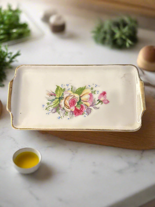 Vintage Fine Bone China Trinket Ring Tray Dish Roses Floral Japan 6" x 3" Hallmarked