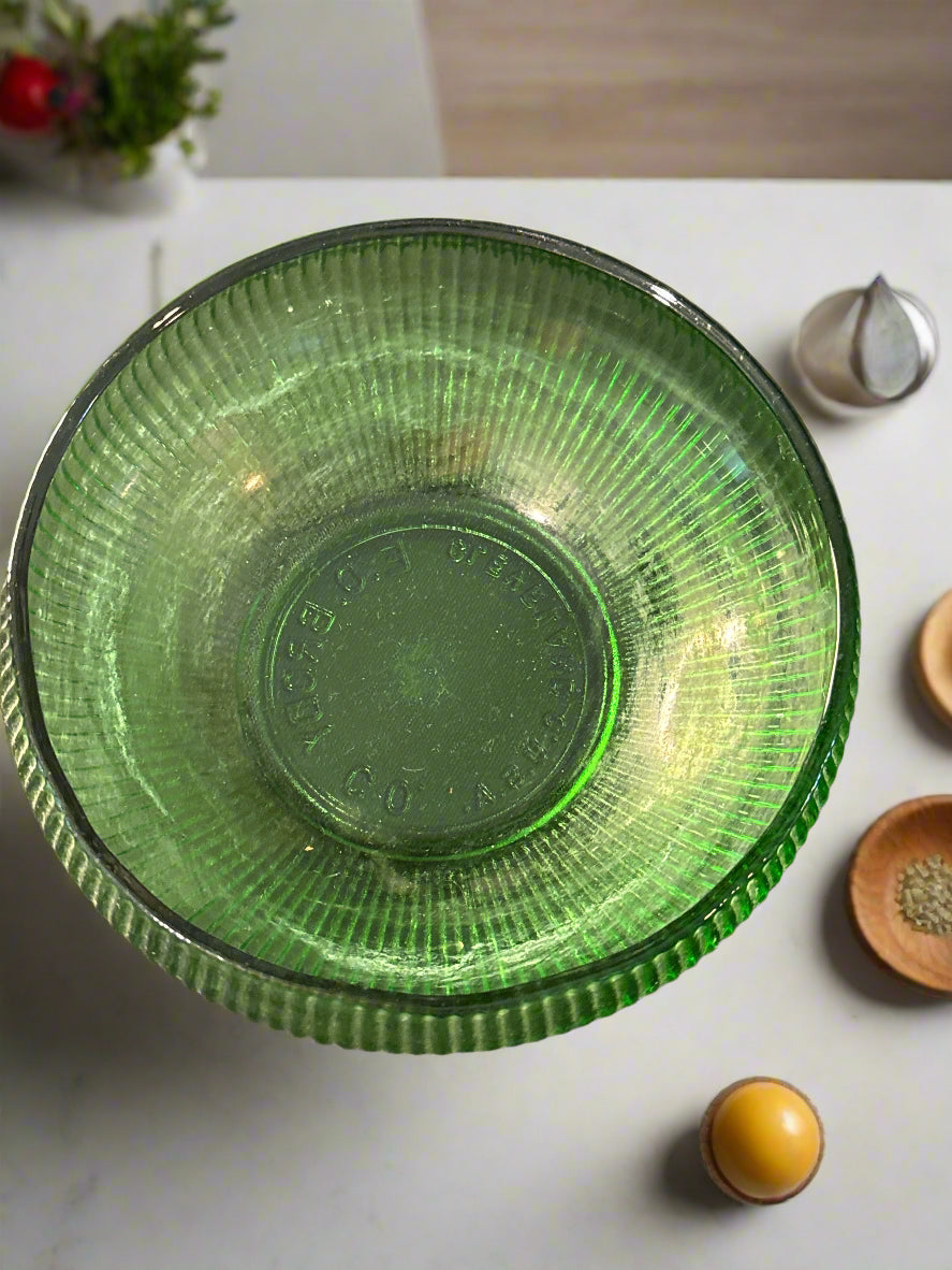Vintage E.O. Brody Co. Green Ribbed Glass Candy Bowl Cleveland OH USA 6" MCM