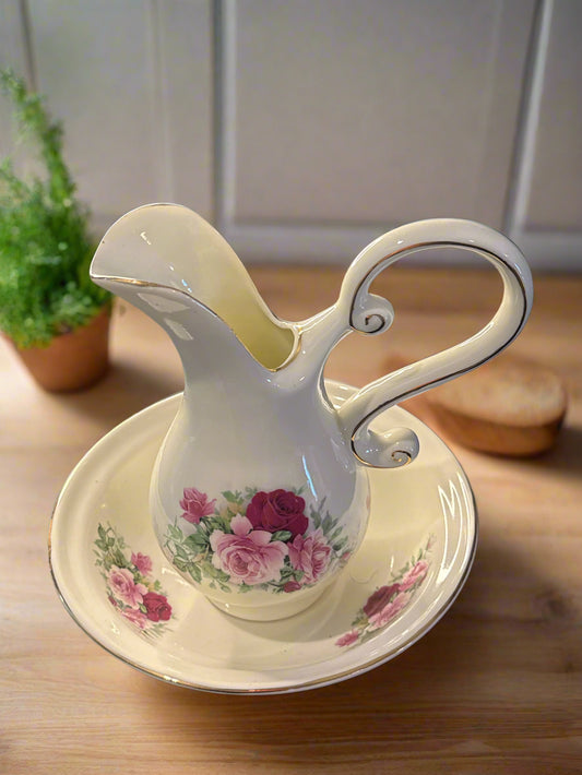 Vintage Formalities Baum Bros Water Pitcher & Basin Pink & Red Victorian Rose 8" Tall