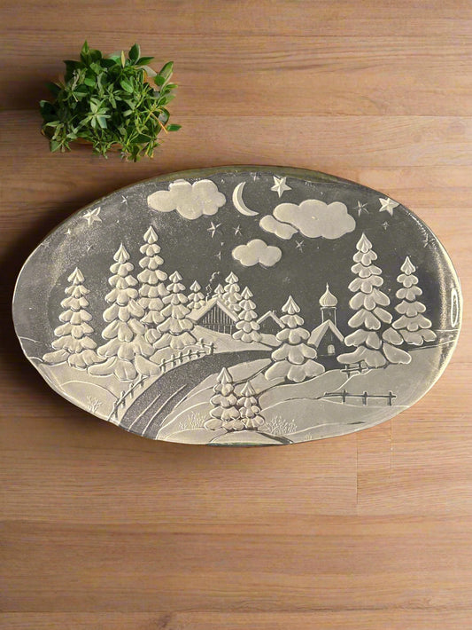 Mikasa Walther Glass Germany Frosted Winter Christmas Glass Oval Serving Platter 16.75"