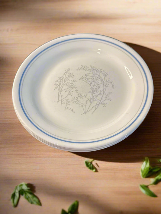 Set of 4 Corelle Queens Lace by Corning 7.25" Wide Blue and Gray Bands Gray Floral