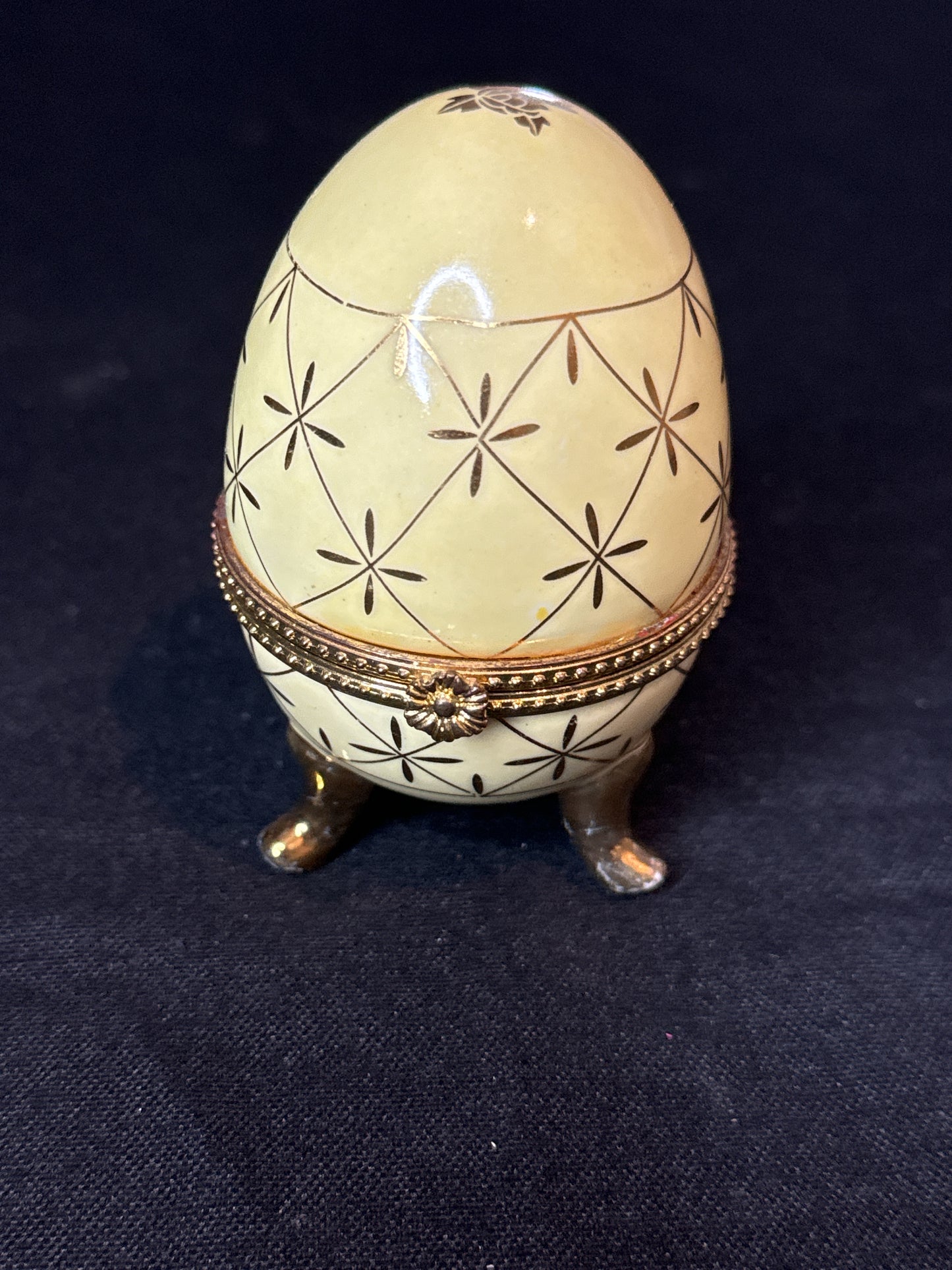 Beautiful Yellow Egg Shaped Porcelain Trinket Box Gold Paint and Design Hinged and Footed 4"