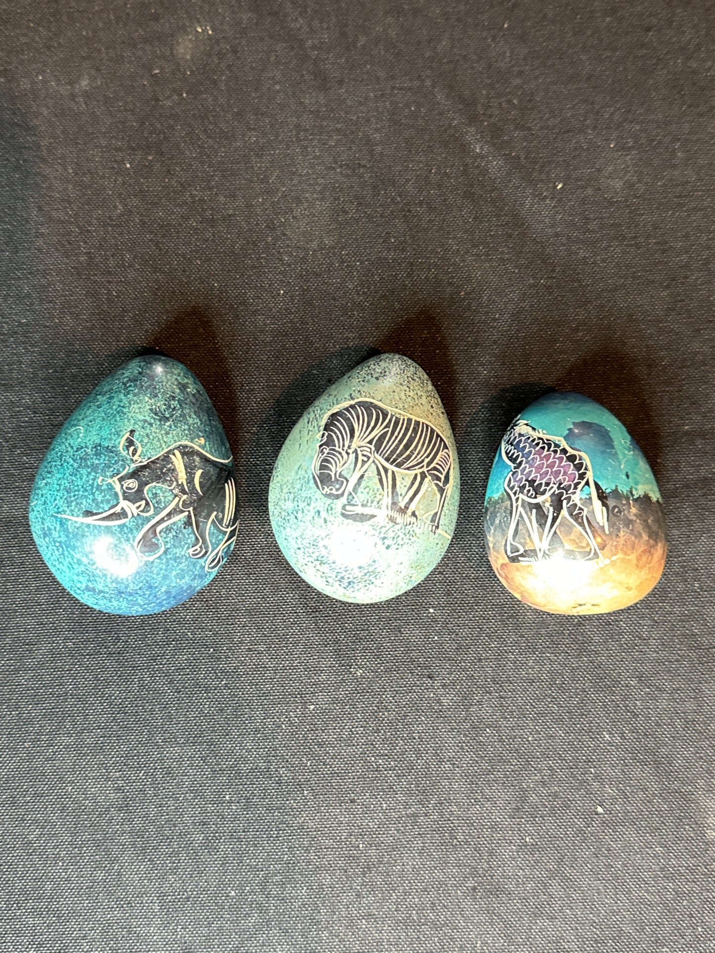 Set of 3 Vintage Decorative African Art Kenya Stone Eggs Zebra Rhino Giraffe Trees