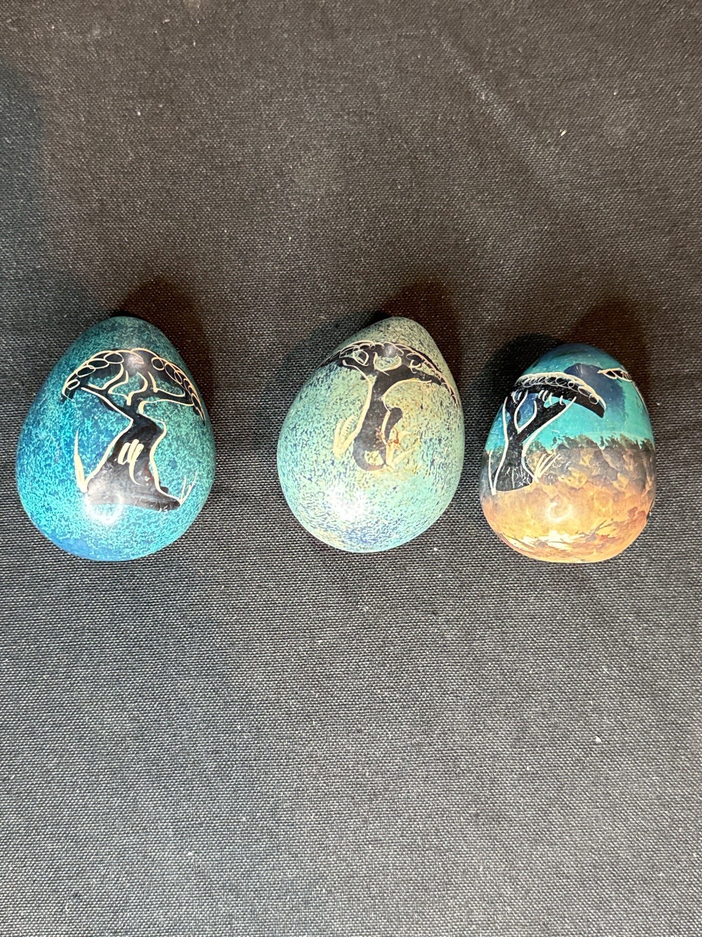 Set of 3 Vintage Decorative African Art Kenya Stone Eggs Zebra Rhino Giraffe Trees