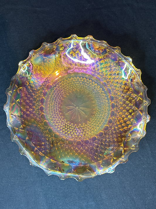 Beautiful Carnival Indiana Glass Iridescent Ruffled Edge Amber Marigold Glass Dish 10"