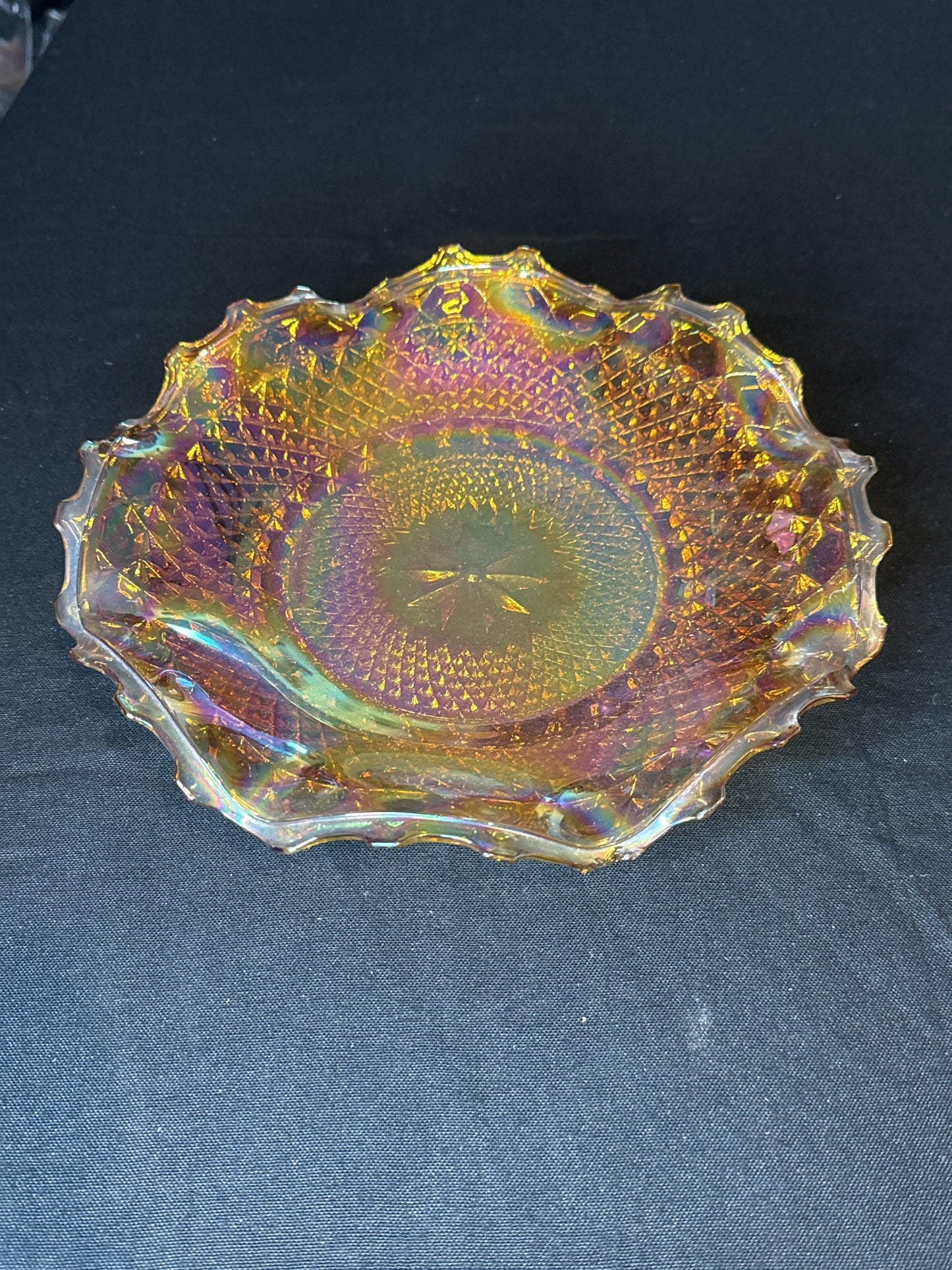 Beautiful Carnival Indiana Glass Iridescent Ruffled Edge Amber Marigold Glass Dish 10"