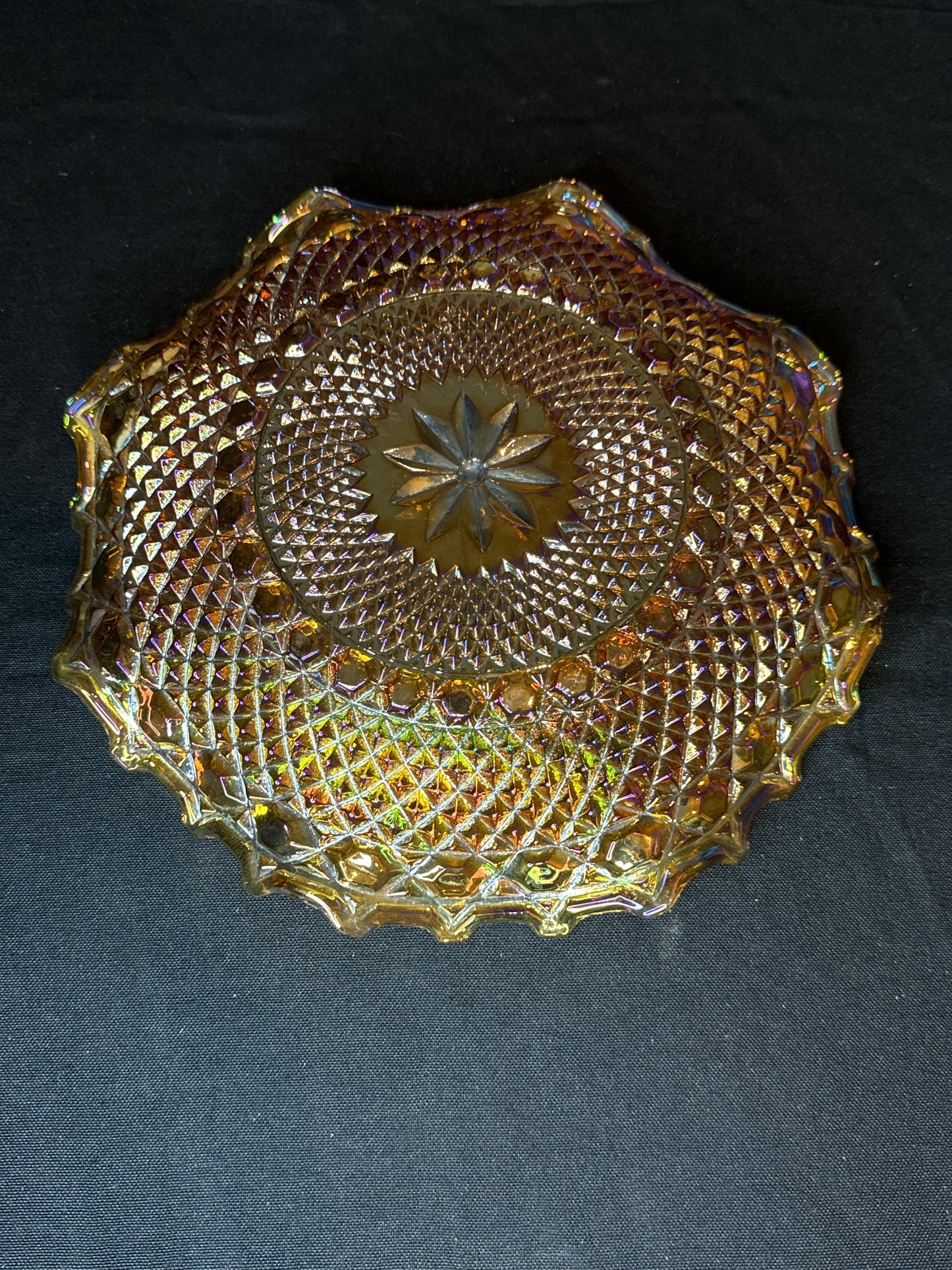 Beautiful Carnival Indiana Glass Iridescent Ruffled Edge Amber Marigold Glass Dish 10"