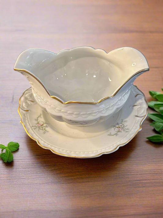 Royal Jackson Sandra Pattern (Gold Trim) Gravy Boat with Attached Underplate 8" Wide