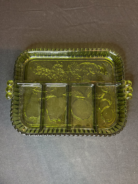 Vintage Green Indiana Glass Co. 12.5" X 9" Olive Color 5 Part Relish Tray