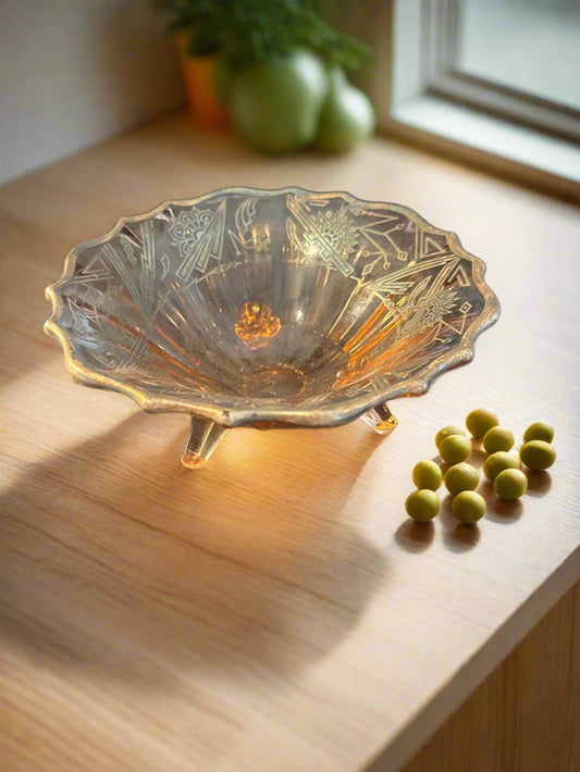 Vintage Three Footed Amber Glass Bowl with Sterling Silver Inlay Designs 6" Wide x 2.25" T