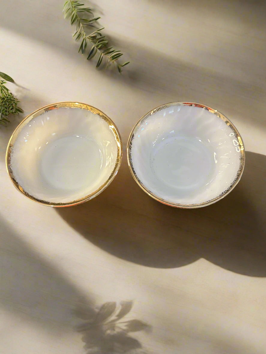 Pair of Golden Anniversary 50s Glass Swirl Golden Anniversary Fruit Bowls Anchor Hocking