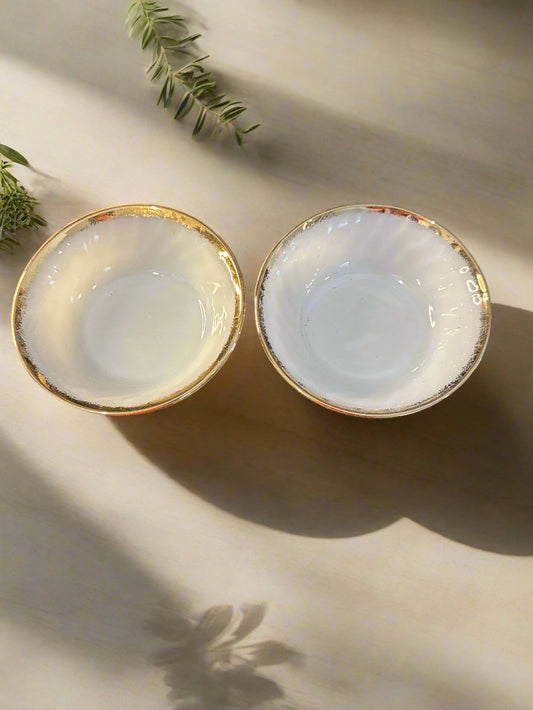 Pair of Golden Anniversary 50s Glass Swirl Golden Anniversary Fruit Bowls Anchor Hocking