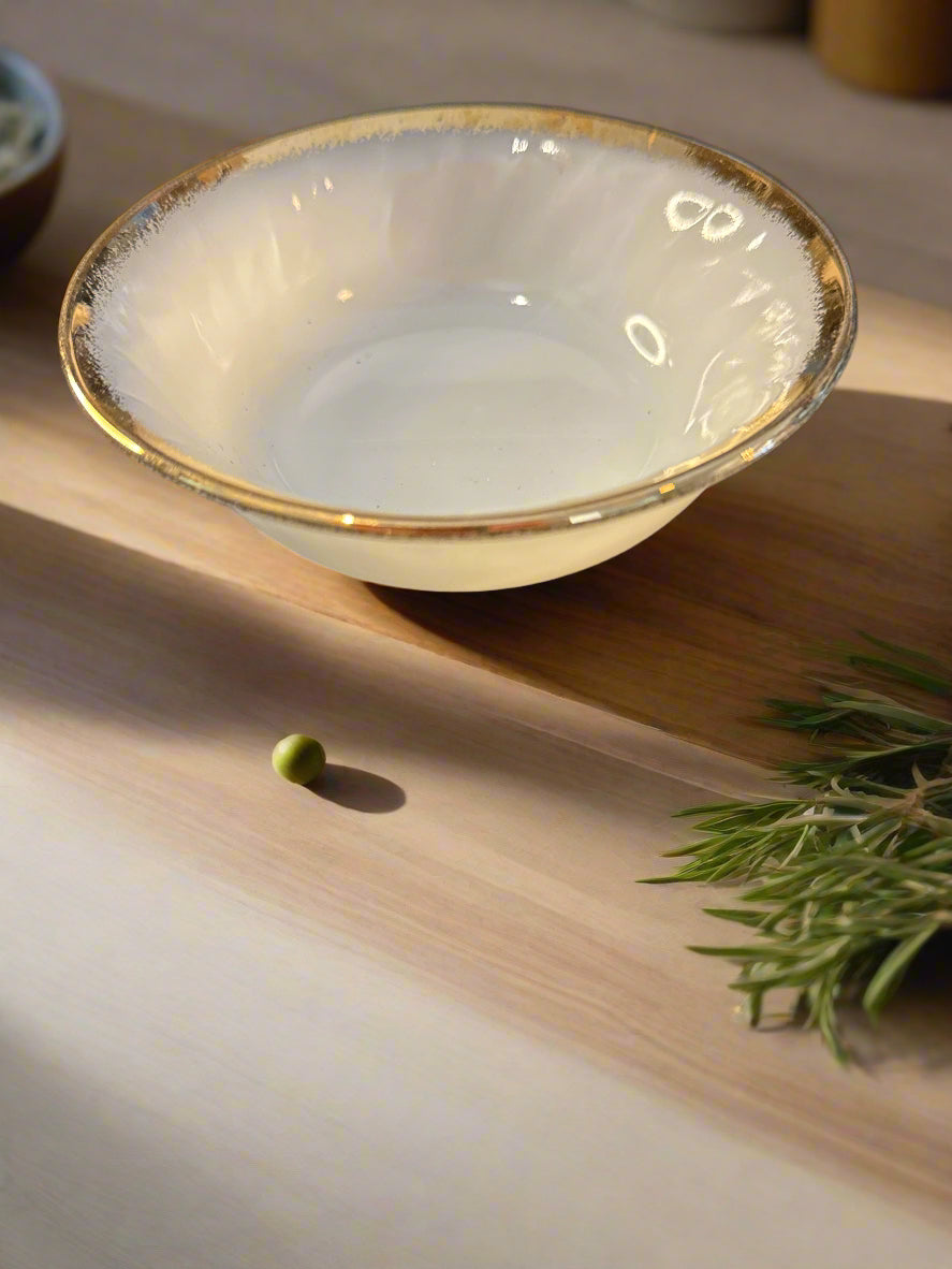 Pair of Golden Anniversary 50s Glass Swirl Golden Anniversary Fruit Bowls Anchor Hocking