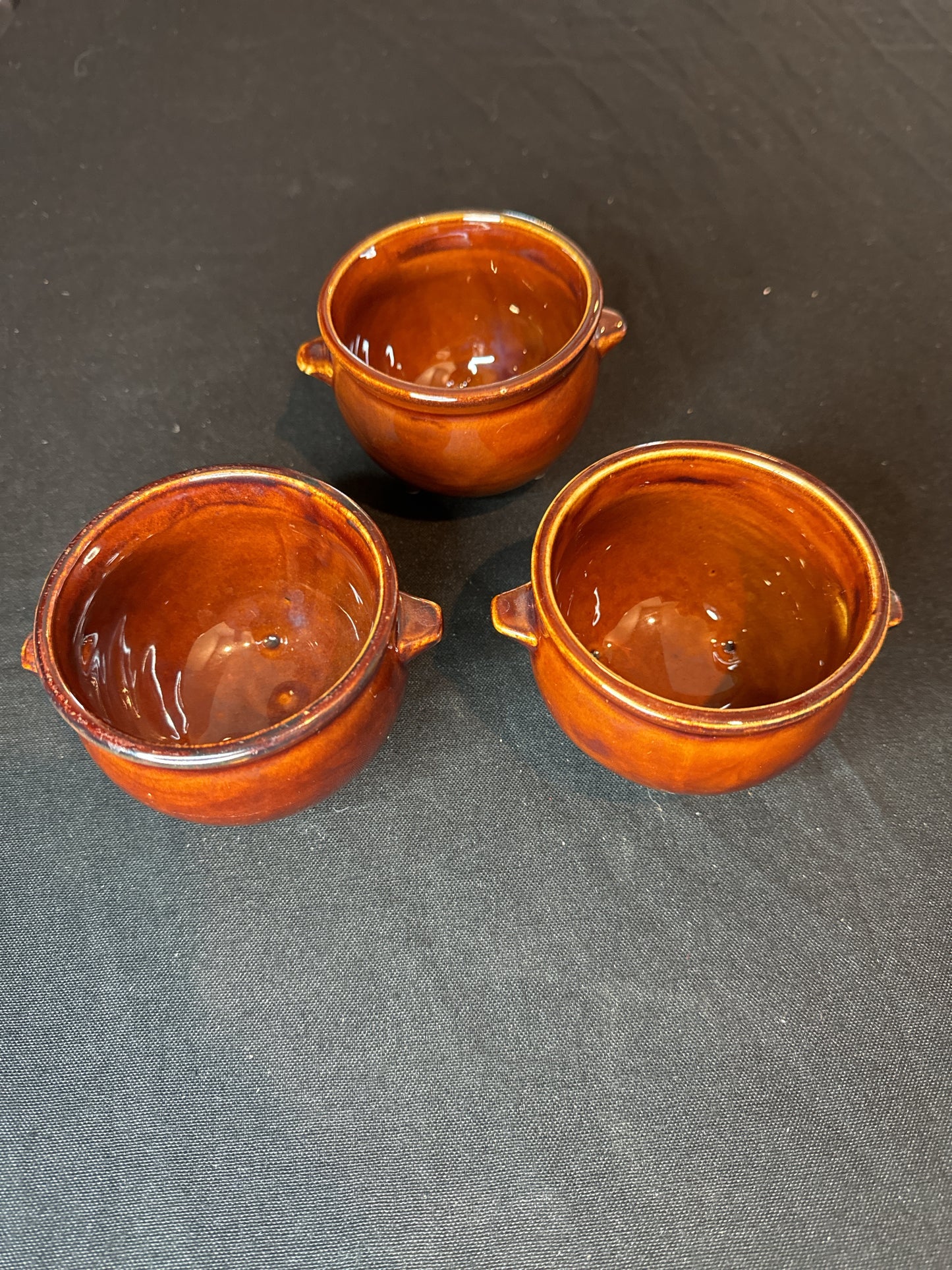 Set of 3 Ceramic Brown Glazed Soup/Pudding Bowls 3" Tall X 3.5" Wide