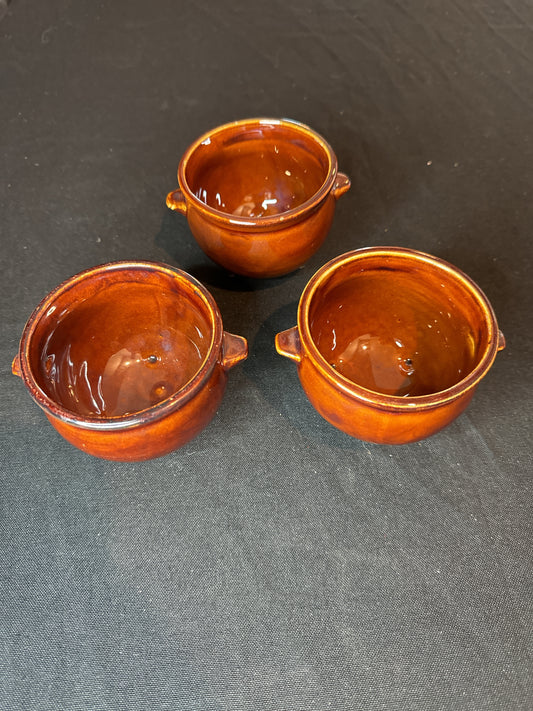 Set of 3 Ceramic Brown Glazed Soup/Pudding Bowls 3" Tall X 3.5" Wide