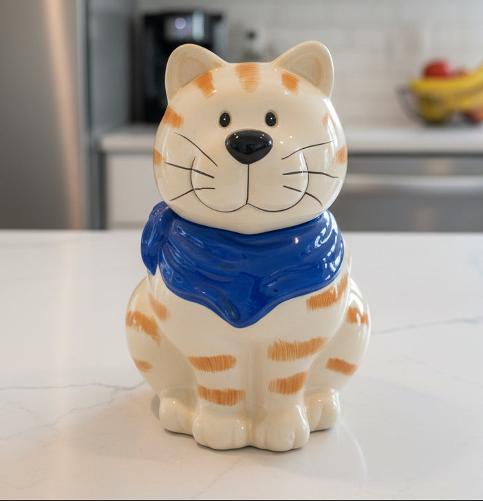 Tabby Cat Cookie Jar 11.5" Tall Orange/White w/ Blue Handkerchief