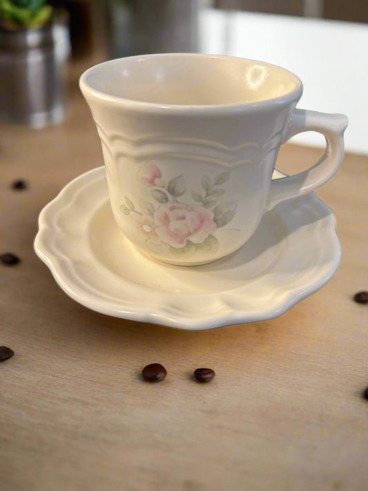 Pfaltzgraff Tea Rose Coffee Cup & Saucer 3.25" Tall Vintage Retired