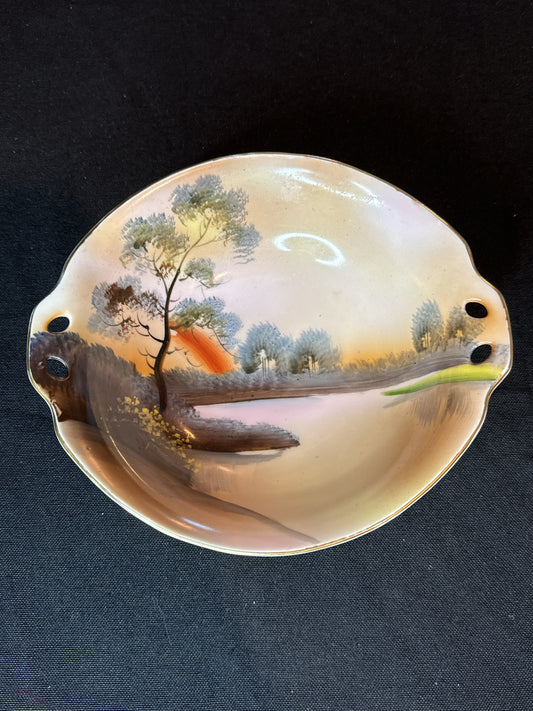 Noritake Morimura Hand Painted Bowl with Handles 6 7/8" Water Side Tree Scene Vintage