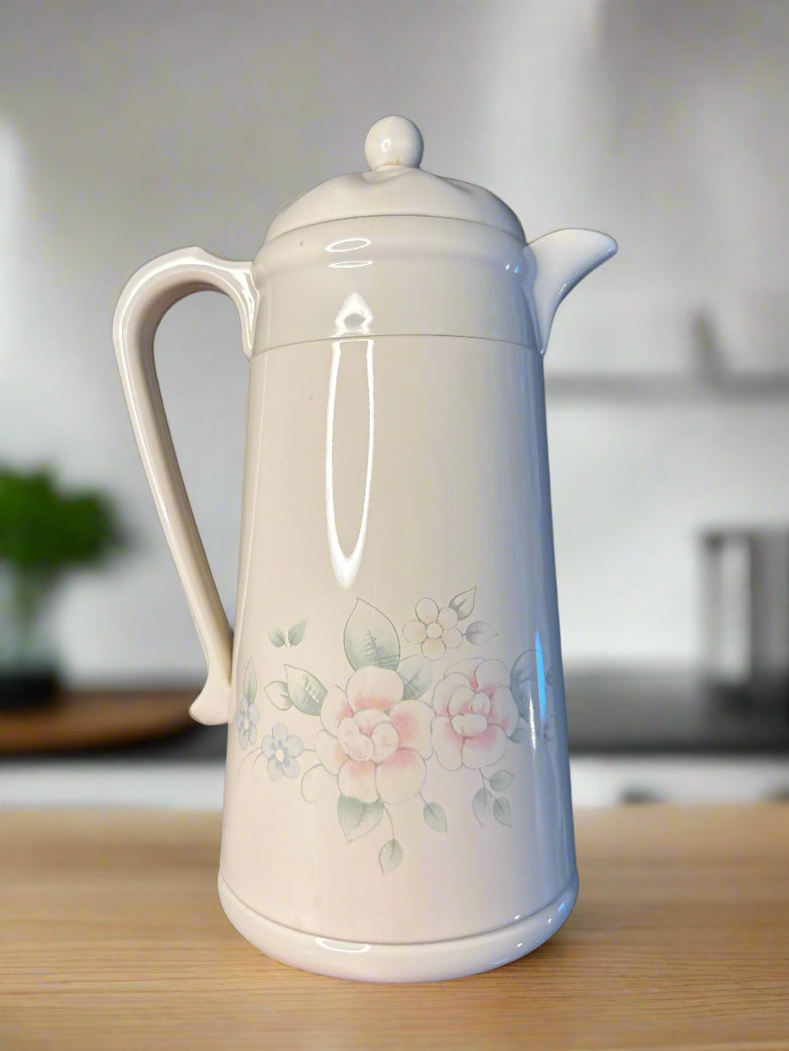 Pfaltzgraff Tea Rose Plastic Thermos Carafe & Lid 12" Tall 1 Quart Vintage Kamenstein 1999