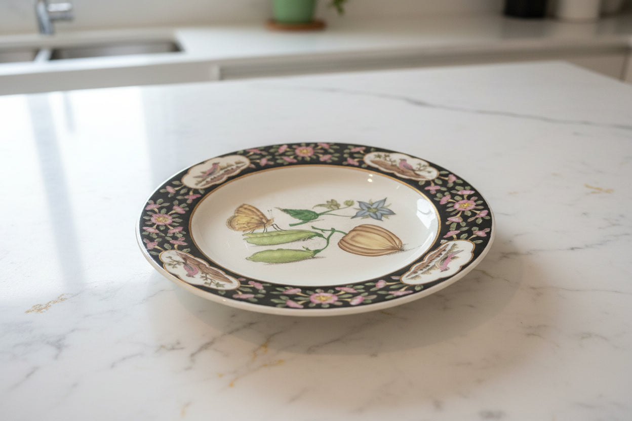 Chinese Antique Hua Rong Tang Zhi Family Rose Flower Bird Plate 10.25" Wide