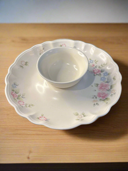 Pfaltzgraff Tea Rose 2 Piece Chip & Dip Set 12" Wide Scalloped Vintage