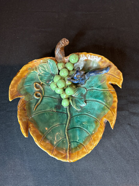 Rare Grape Leaf with Grapes and Squirrel Bowl 8" X 8" Diameter