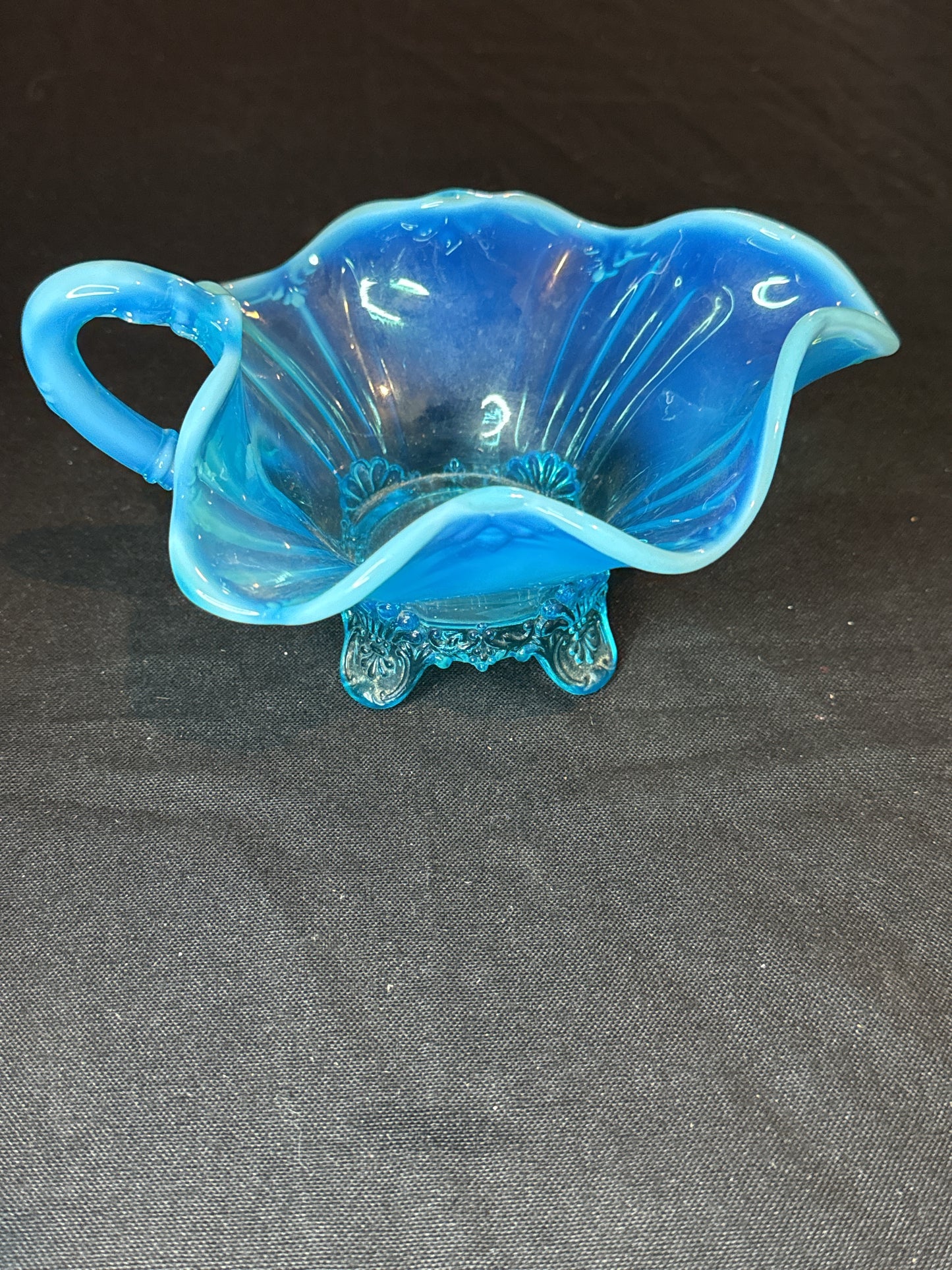 Antique EAPG Blue Opalescent Patterned Glass Footed With Handle Sauce Dish 5" X 4" Tall