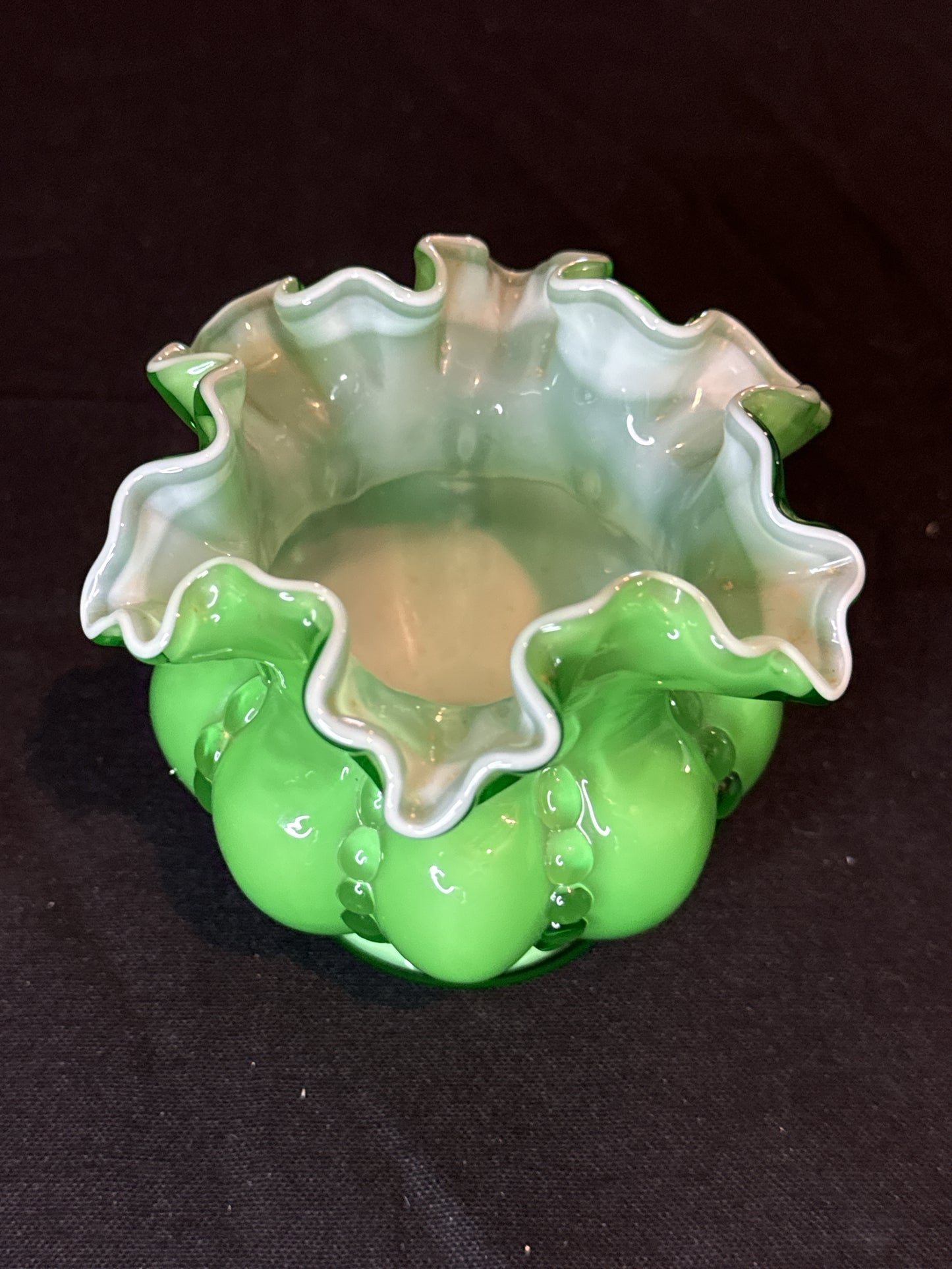 Rare Fenton Green Cased Glass Beaded Melon Bowl Vase 1948-1953 3.5" Tall