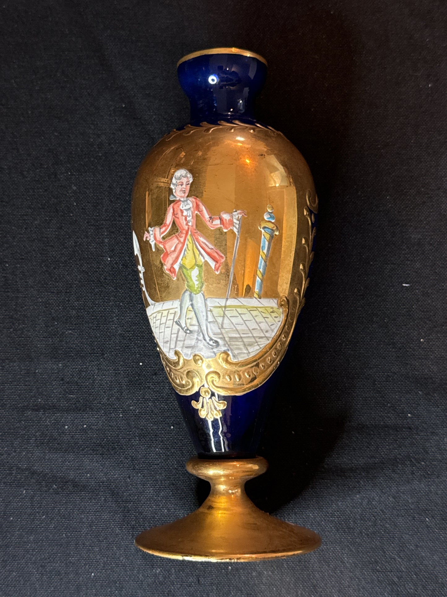 Hand Painted Venetian Era Blue and Gold Painted Glass Vase/Urn 7" Tall