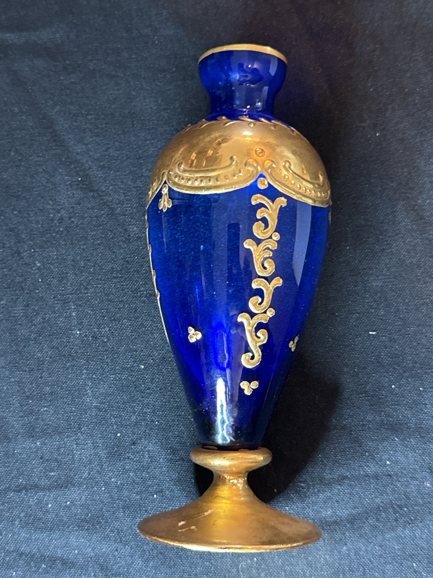 Hand Painted Venetian Era Blue and Gold Painted Glass Vase/Urn 7" Tall