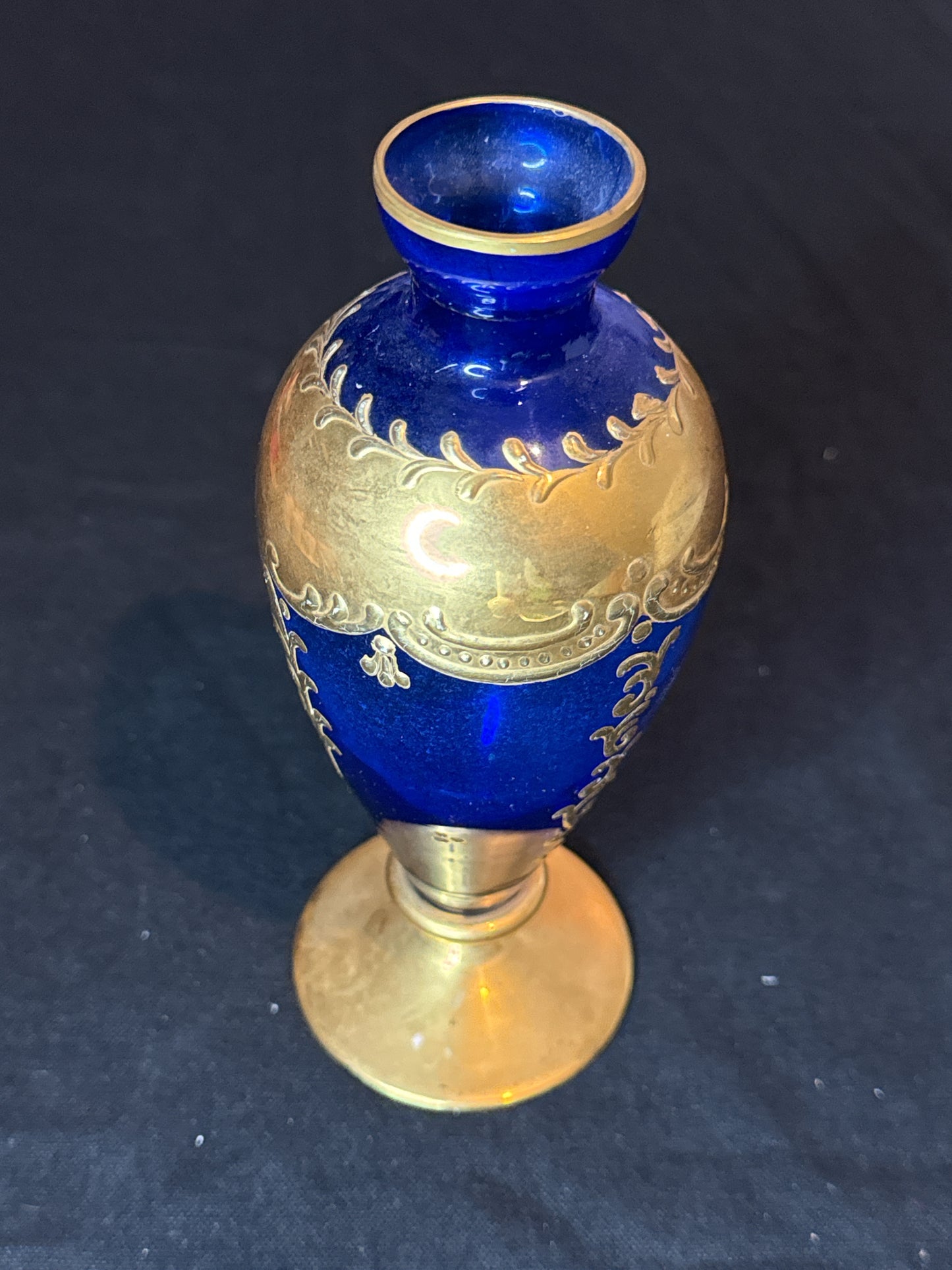 Hand Painted Venetian Era Blue and Gold Painted Glass Vase/Urn 7" Tall