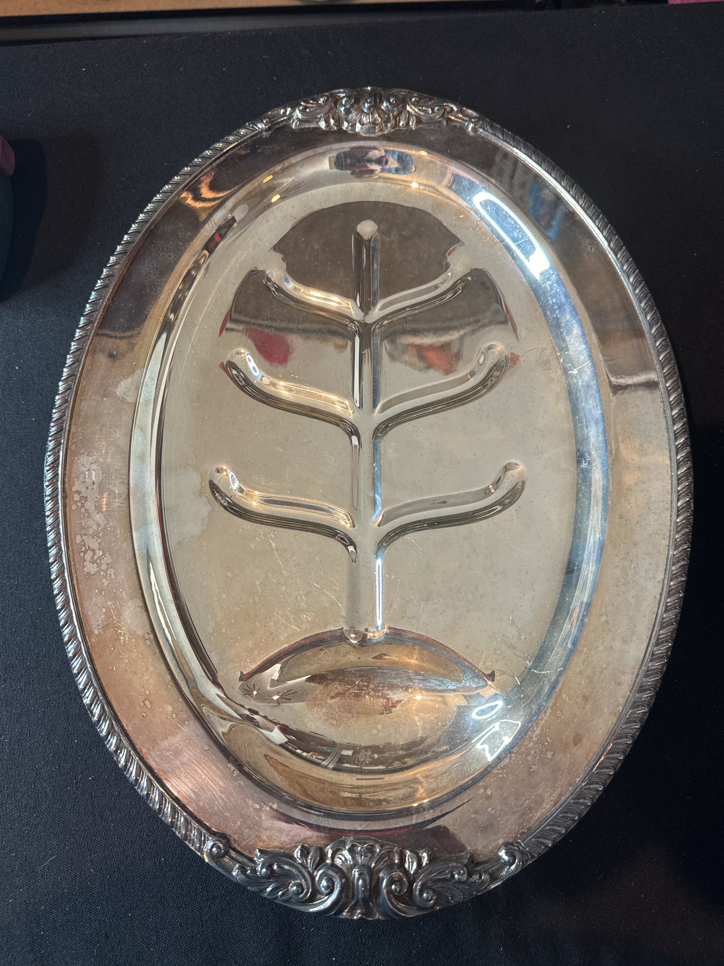 Sheffield Tree of Life Silverplate Footed Meat Plate with Reservoir Well 16" x 12"