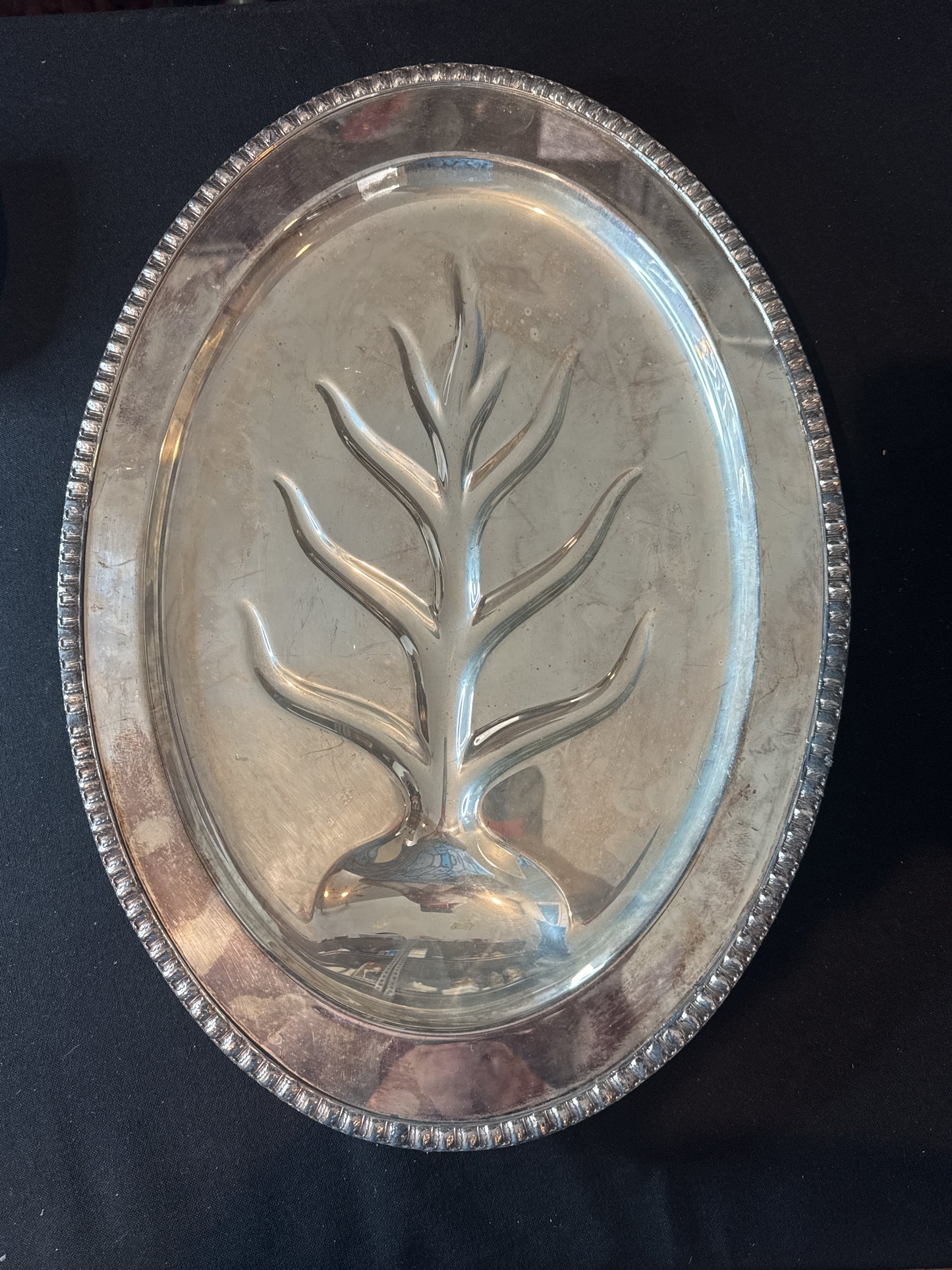 Fenwick Tree of Life Silverplate Footed Meat Plate with Reservoir Well 18" x 13"